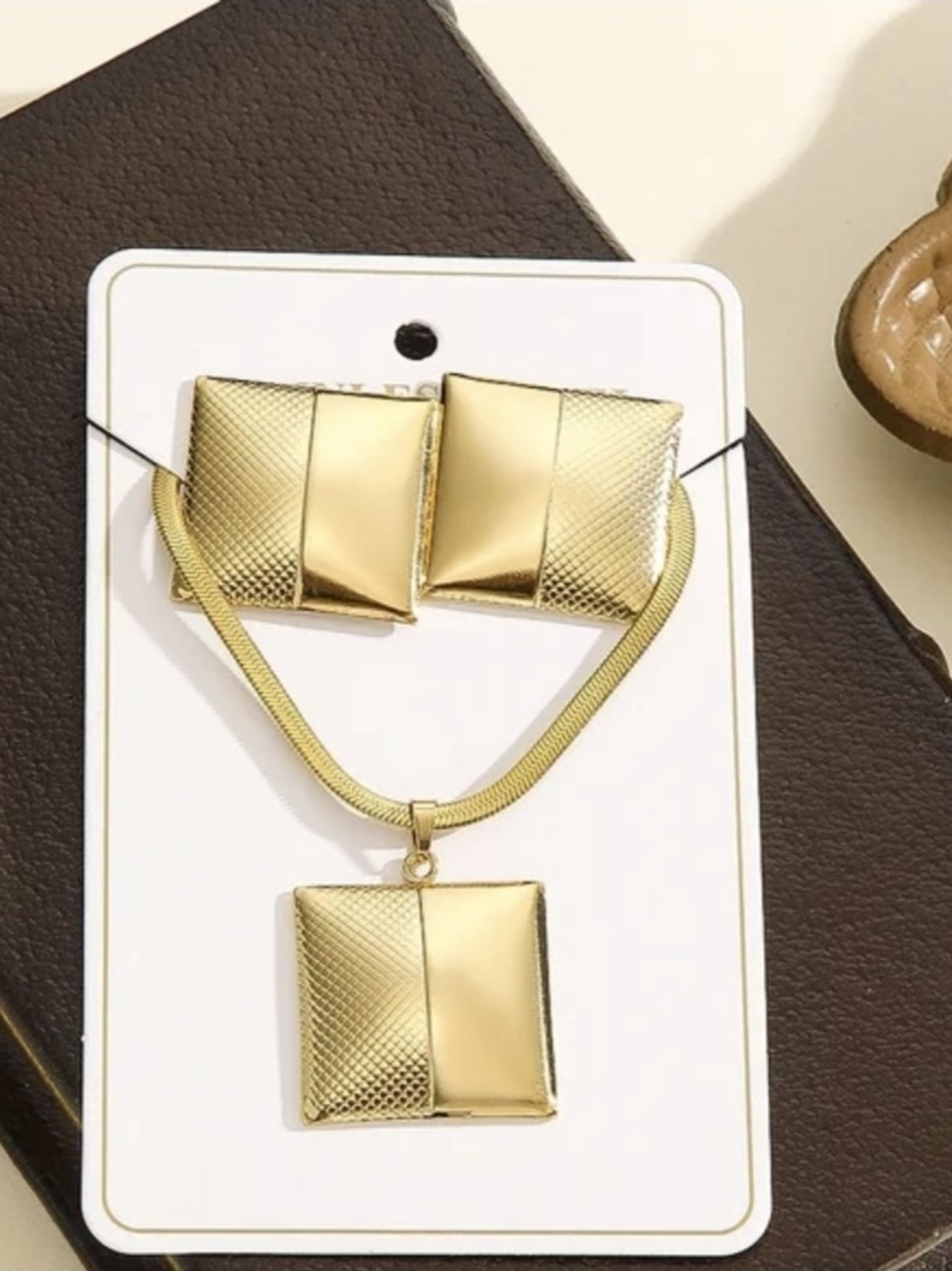 Stainless Gold-Tone Square Pendant Necklace & Earring Set